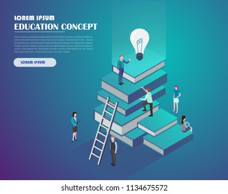 Book library with people. Education and knowledge concept infographics. Flat isometric vector illustration. Landing page template. 3d vector illustration.