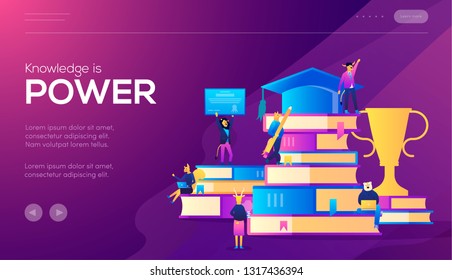 Book library with people. Education and knowledge concept infographics. Landing page template. Web page design templates for  education, training and courses, learning. Flat isometric vector 