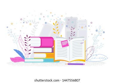 Book library. Reading, knowledge and education in school, university, business courses. Trendy flat vector style.