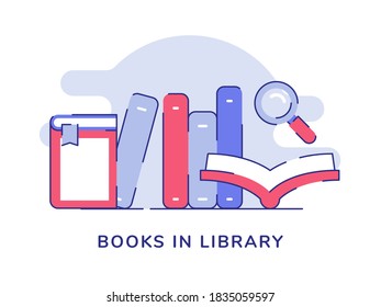 Book in library stack magnifier white isolated background with flat outline style