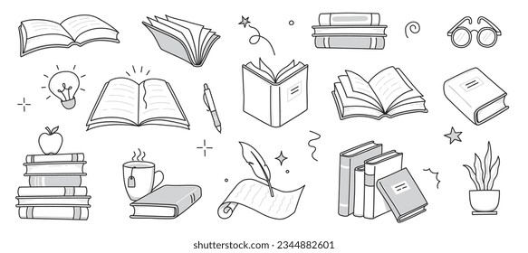 Book library stack sketch set. Hand drawn sketch doodle style line book stack. Library, reading, school doodle concept icon background. Blue pen line style stroke. Vector illustration.