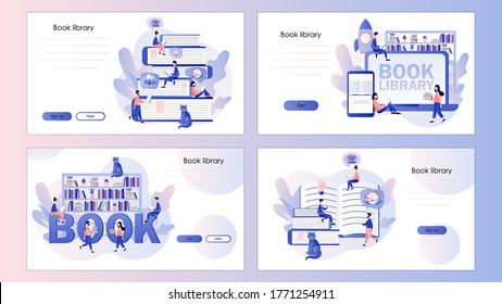 Book library. Tiny people reading books. Screen template for mobile smart phone, landing page, template, ui, web, mobile app, poster, banner, flyer. Modern flat cartoon style. Vector illustration