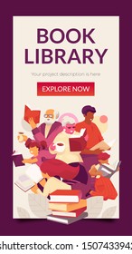 Book Library vertical banner template with family reading books. Modern vector illustration concept for family education, online teaching, learning