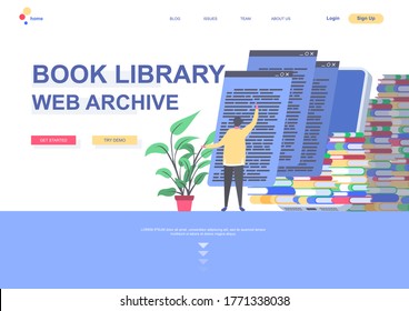 Book library web archive flat landing page template. Distance education and knowledge, reading books at digital gadget situation. Web page with people characters. Online library vector illustration.