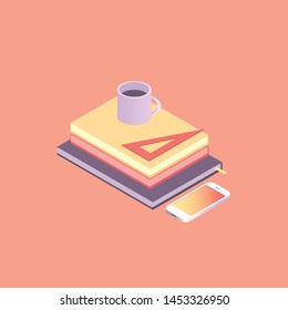 
the book lies on the table notepad ruler isometry trendy smartphone icon style beautiful colors yellow purple red cup of coffee tea tasty education modern technology sheets paper 3d