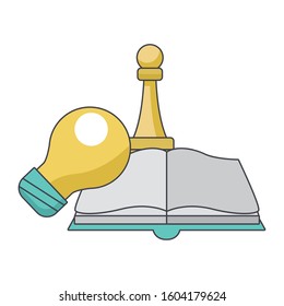 book, light bulb and chess piece over white background, vector illustration