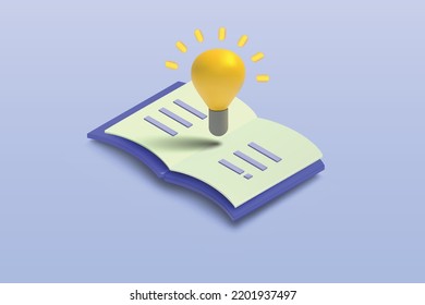Concepto de libro y bombilla sobre fondo azul. 3d diseño de ilustración vectorial.