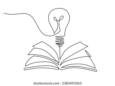 Book and light bulb. Continuous one line drawing. Vector illustration isolated. Minimalist design handdrawn.