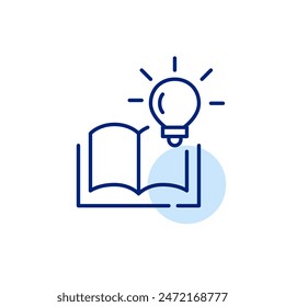 Libro y bombilla. Ilustración y creatividad, generación de ideas a través de estudios académicos. Icono de píxel perfecto