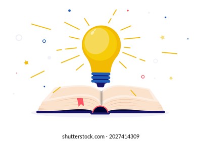 Book with light bulb - Getting inspiration and new ideas from reading books. Vector illustration