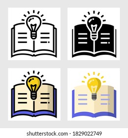 Diseño vectorial de iconos de la bombilla y del libro en líneas llenas, delgadas, contorno y plano.