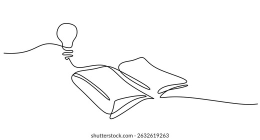 Book with light bulb innovation one line. Education knowledge spark mind. Creative learning symbol grow.