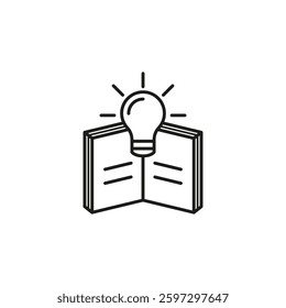 Book and light bulb. Knowledge and idea concept. Vector outline and line art icon.