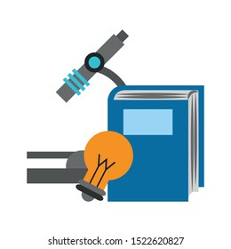 book with light bulb and microscope over white background, vector illustration