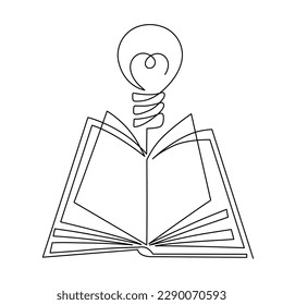 Book with light bulb one line art,hand drawn continuous contour.Idea brainstorm concept, knowledge is power,template outline.Minimalist design,simple decoration.Editable stroke.Isolated.Vector