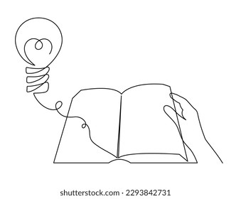 Book with light bulb one line art,hand drawn continuous contour.Idea brainstorm concept, knowledge is power,template outline.Minimalist design,simple decoration.Editable stroke.Isolated.Vector