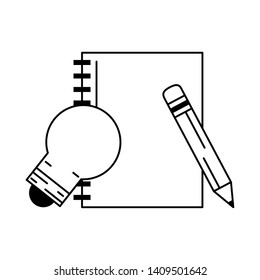 book with light bulb and pencil icon cartoon vector illustration graphic design black and white