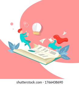 Book with light bulb and people thinking, business inspiration flat design vector illustration