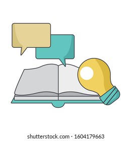 book, light bulb and speech bubbles over white background, vector illustration