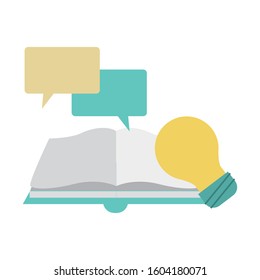 book, light bulb and speech bubbles over white background, vector illustration