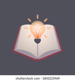 Book with light bulb symbolizing idea or creativity. Vector illustration. 
