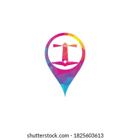Book and Light House map pin shape concept Logo design template. Book lighthouse icon