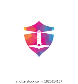 Book and Light House shield shape concept Logo design template. Book lighthouse icon