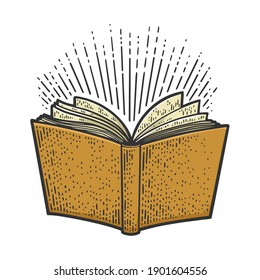 dibujo de color de libro y rayos de luz que graban la ilustración vectorial. Diseño de impresión de ropa de camiseta. Imitación de tablero de raquetas. Imagen dibujada a mano en blanco y negro.