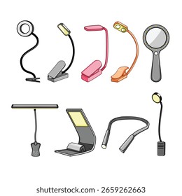 Libro de dibujos animados de conjunto de luces. flexible ajustable, batería USB, signo de luz de libro de peso compacto. símbolo aislado Ilustración vectorial
