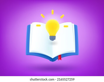Book with lightbulb. Education concept. 3d vector illustration