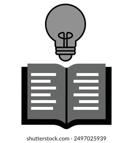 Book and lightbulb icons in grey scale isolated on white background.