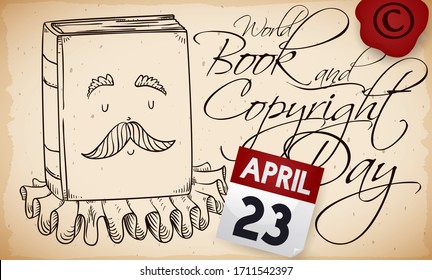 Book like a sir wearing a ruff commemorates Shakespeare and Cervantes, loose-leaf calendar and stamp to celebrate World Book and Copyright Day in April 23.