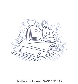 Book line design. Education sign. Library vector illustration. School or student, business backdrop. Bookshop doodle logo. Open several literature in stack. Outline hand drawn sketch. Editable stroke