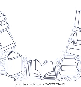 Book line design. Library art vector border. School or student education, business bg. Open, closed several literature in stack. Bookshop backdrop. Outline hand drawn sketch. Editable stroke