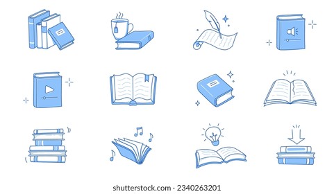 Book line doodle icon set. Hand drawn sketch doodle style line icon book, diary. Open library, reading, school education doodle concept icon. Blue pen line style stroke. Vector illustration.