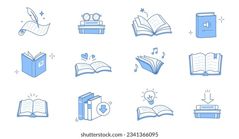 Book line doodle icon set. Hand drawn sketch doodle style line icon book, diary. Open library, reading, school education doodle concept icon. Blue pen line style stroke. Vector illustration.