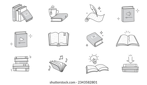 Book line doodle icon set. Hand drawn sketch doodle style line icon book, diary. Open library, reading, school education doodle concept icon. Blue pen line style stroke. Vector illustration.