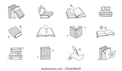 Book line doodle icon set. Hand drawn sketch doodle style line icon book, diary. Open library, reading, school education doodle concept icon. Blue pen line style stroke. Vector illustration.