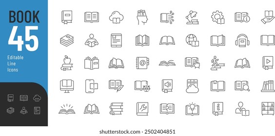 Conjunto de iconos editables de línea de libro. Ilustración vectorial en estilo de línea delgada moderna de iconos relacionados con la educación: Biblioteca, conocimiento, aprendizaje electrónico y más. Pictogramas e infografías