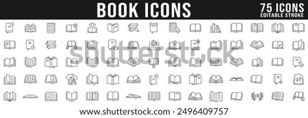 Book line icon big set. Library, diary, open book, pages, bookmark, magazine, ebook etc. Editable stroke
