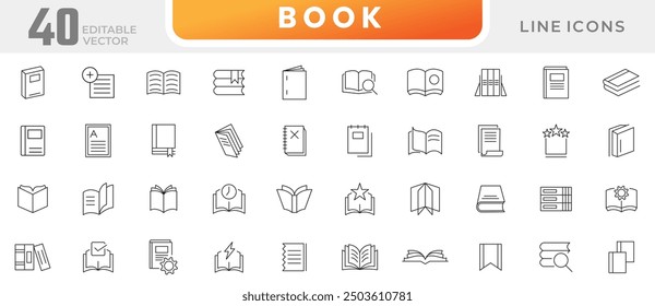 Book line icon collection. School, education, various books, literature, dictionary, audiobook, learning, library and e book icons set. UI outline icon pack