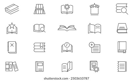 Book line icon collection. School, education, various books, literature, dictionary, audiobook, learning, library and e book icons set. UI outline icon pack