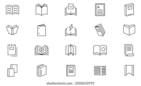 Icono de línea de libro colección. Escuela, educación, varios libros, literatura, diccionario, audiolibro, aprendizaje, Biblioteca e iconos de libros electrónicos. Paquete de iconos de esquema de interfaz de usuario