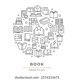 Book line icon collection. School, education, various books, literature, dictionary, audiobook, learning, library and e book icons set. UI outline icon pack
