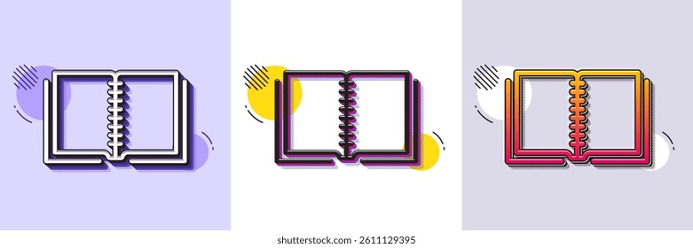 Book line icon. Halftone dotted pattern. Gradient icon with grain shadow. Education symbol. Instruction or E-learning sign. Line book icon. Various designs. Vector