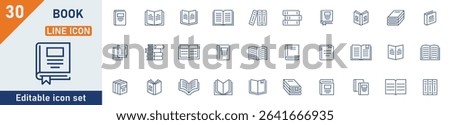 Book line icon set. Set of 30 outline icons related to book, education, dictionary, magazine, comic, brochure, school and others. Editable stroke. Vector illustration.
