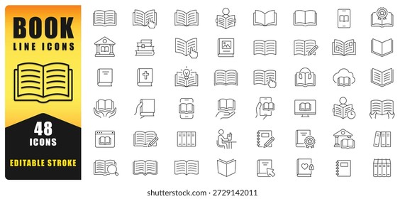 Conjunto De Ícones De Linha De Livro Com Leitura, Educação, Biblioteca, Aprendizagem, Livros Digitais, Estudo, Conhecimento E Conceitos De Literatura Com Design Editável De Traço Para Uso Na Web, Aplicativo E Impressão. Ícones de vetor isolados.