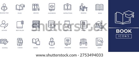Book line icon set. Instruction, journal, library, read, Study and Knowledge icons, Editable outline icon set.