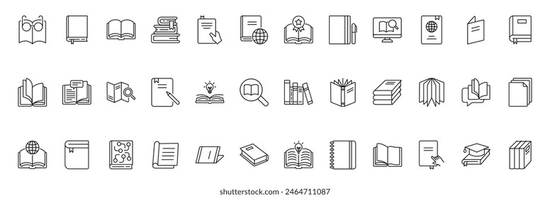 Book line icon set. Library, open book, pages, bookmark, magazine