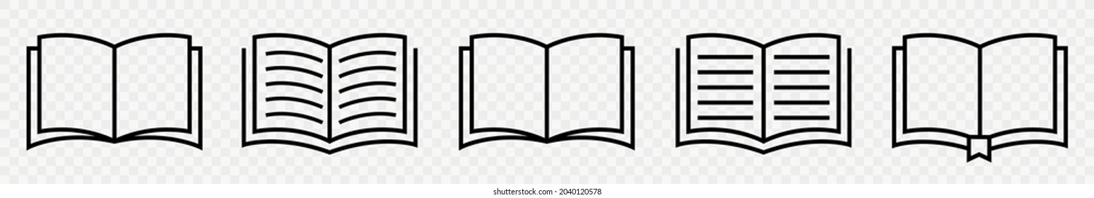 Book line icon set. Open books icons in flat style. Library and bookstore symbol. Graphics signs for web and mobile apps. Vector illustration isolated.